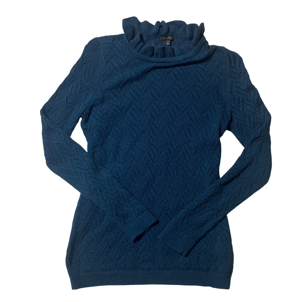 Talbots Teal Blue Pointelle Chevron Ruffle Neck Cotton Wool Blend Sweater Small